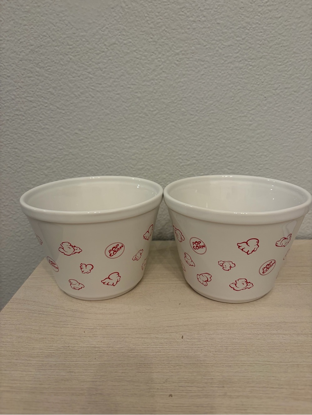 White Ceramic Popcorn Bowls with Red Popcorn Print - Set of 2